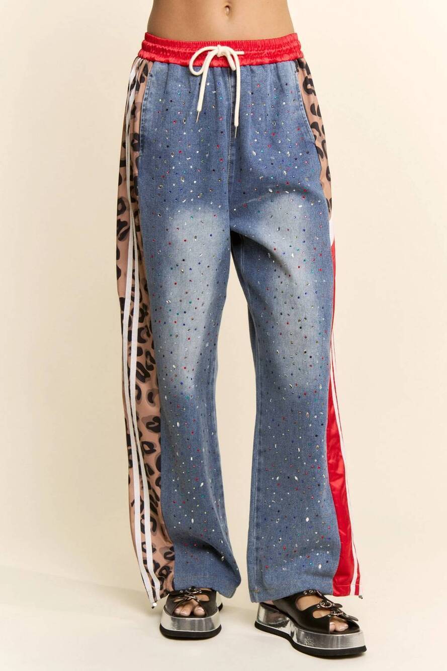 NEW DAVI & DANI rhinestone joggers crystal track pants in red denim blue